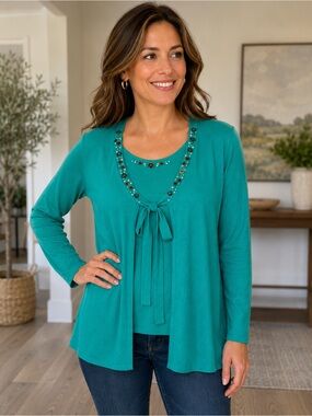 Alfred Dunner Turquoise Embellished Twin Set Beaded Cardigan & Shell 1X